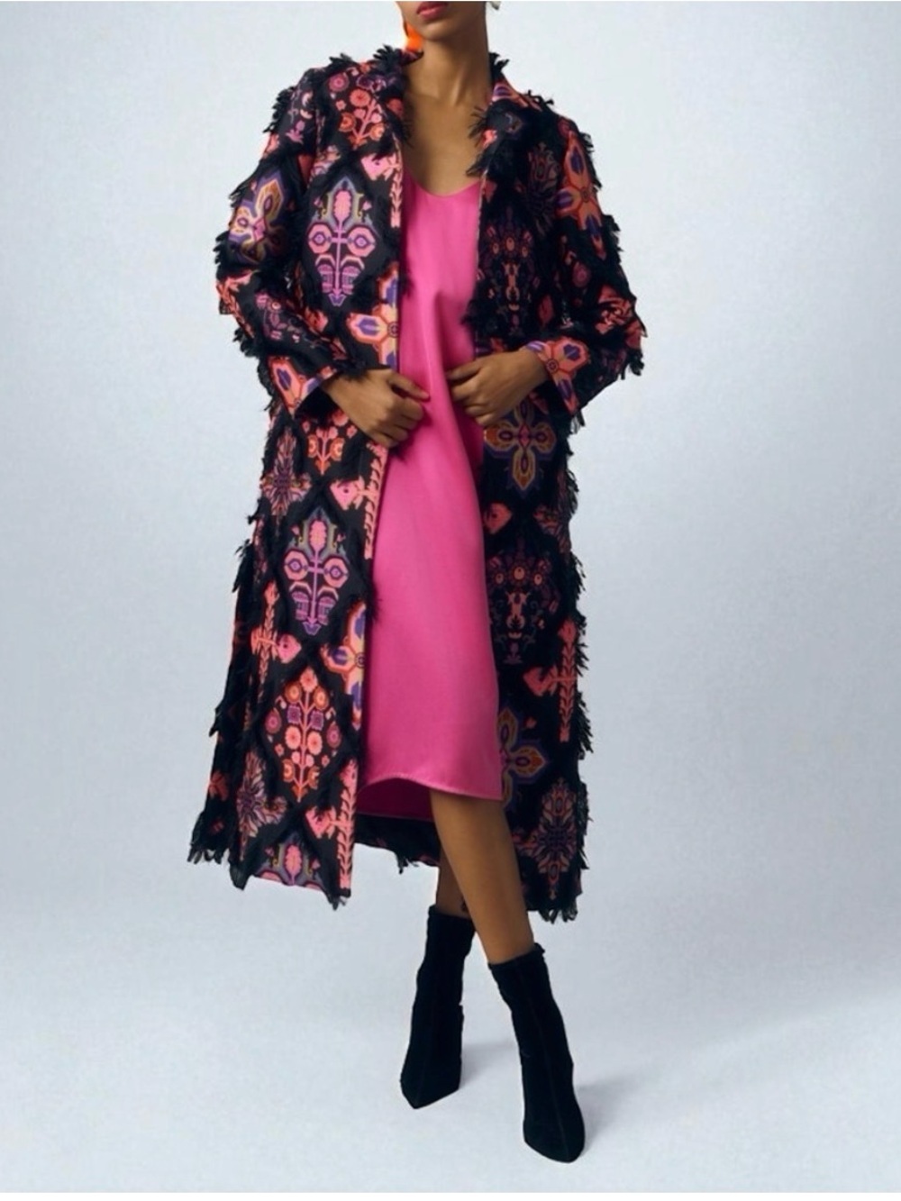 Vilagallo alex fringe midi coat brocade opera coat dopamine statement tapestry